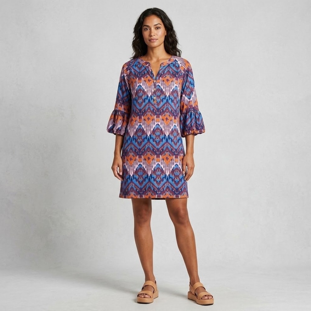 Jackie Z Style Co Womens Aztec Ikat Shift Dress Blue Orange Ruffle Sleeve L